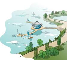 colored linear landscape with quay and boats vector