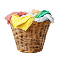Wicker laundry basket overflowing with colorful clothes isolated on transparent background png
