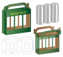Beverage Cans Box Dieline Foldable Packaging Template with Handle and Window vector