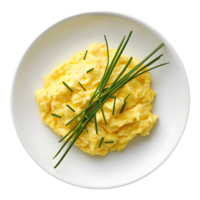 Overhead Shot of Fluffy Scrambled Eggs Garnished with Chives png