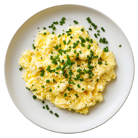 Fluffy Scrambled Eggs Garnished with Chopped Chives on White Plate png