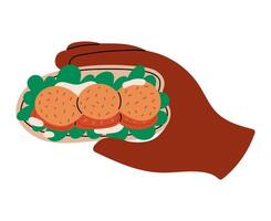 Hand holds Pita bread with falafel. No dish meals. Traditional middle east food. Jewish, arabic cuisine. Flat illustration isolated on white background. vector