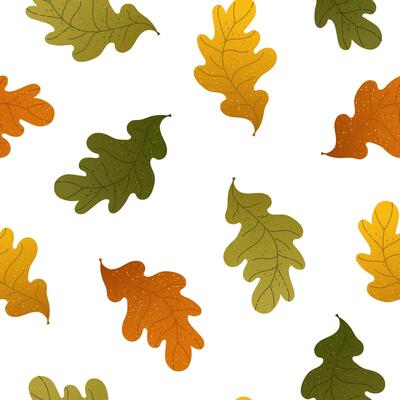 Seamless pattern with hand drawn oak leaves in autumn colors. design for fabric prints, wrapping paper, wallpaper, fall scrapbooking, eco packaging. Orange, red textured oak leaves background