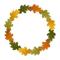 Round wreath made of textured oak leaves in fall colors. Flat illustration in earthy tones. Perfect for seasonal frames, thanksgiving decor, greeting cards and nature-themed projects vector