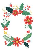 A festive Christmas frame or wreath with hand-drawn holly, red berries, pine, and floral elements, perfect for Christmas greeting cards, holiday party invitations, festive posters vector