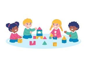 A diverse group of happy children works together, playing and building a tower with colorful blocks in a preschool or daycare setting vector