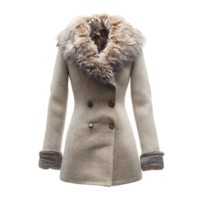 Elegant beige herringbone wool coat with luxurious fur collar and cuffs isolated on transparent background png