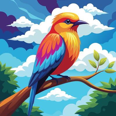 a colorful bird sitting on a branch in the sky