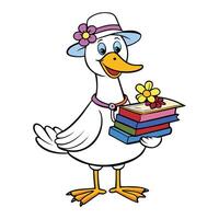 a cartoon duck holding books and flowers vector