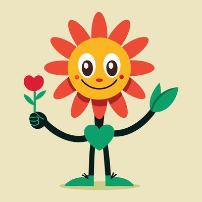 a cartoon sunflower with a heart and hands