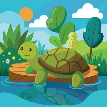 turtle on a log in the water with grass and trees vector