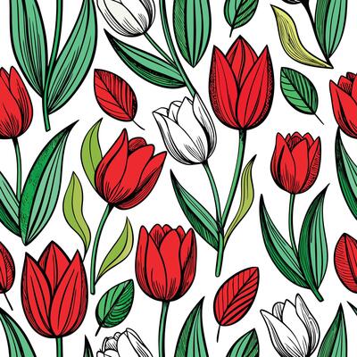 seamless pattern with red and white tulips