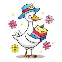 a cartoon duck holding a book and flowers vector