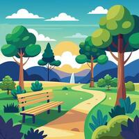 a cartoon illustration of a park with a bench and trees vector