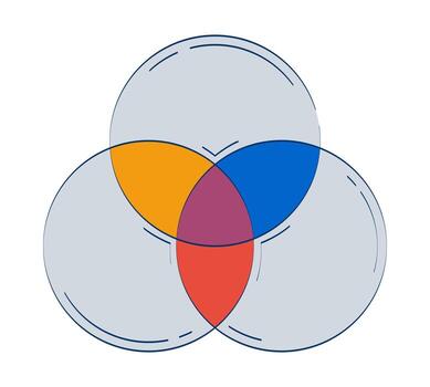 Venn diagram with overlapping circles 2D doodle object. Circular intersection. Data visualization segmented cartoon element flat clipart isolated on white background. Hand drawn illustration vector