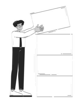 Hispano empresario apilado bloques para datos visualización garabatear lineal personaje. latino oficina trabajador edificio conjunto de datos 2d contorno persona aislado. mano dibujado dibujo ilustración monocromo vector