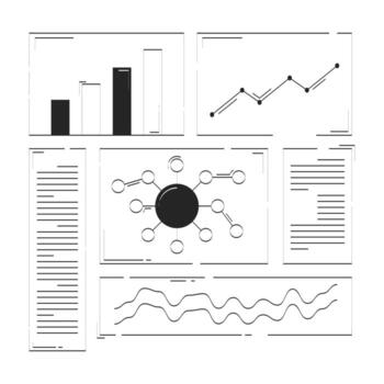Analytical dashboard with charts and diagrams doodle linear objects set. Bar graph, data summary 2D outline clip arts drawings isolated on white. Hand drawn sketch illustrations collection vector