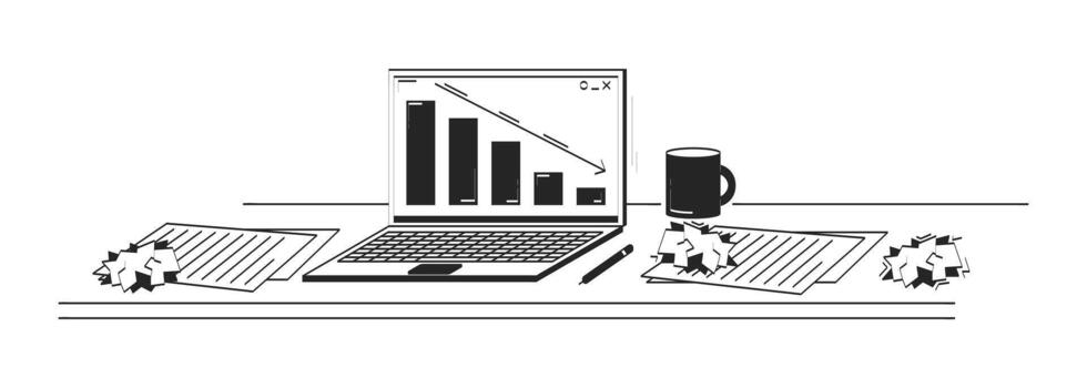 Cluttered desk with declining bar chart on laptop doodle linear object. Paper balls, failed project data 2D outline clip art drawing isolated on white. Hand drawn sketch illustration vector