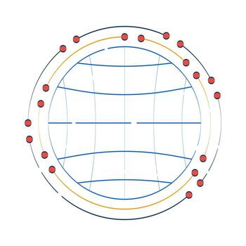 Globe grid with circular data nodes 2D doodle object. Circular structure world. Global network orbiting points cartoon element flat clipart isolated on white background. Hand drawn illustration vector
