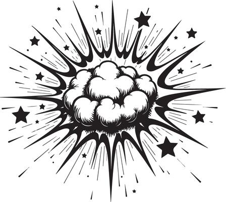 A black and white drawing of a cloud with stars