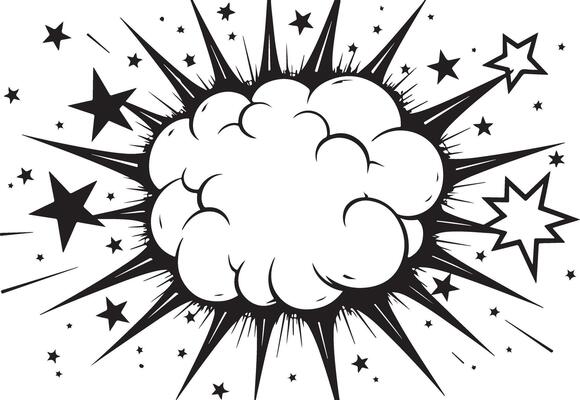Comic book style explosion with stars and black and white background
