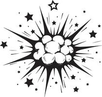 A black and white drawing of a starburst with a cloud of balls vector