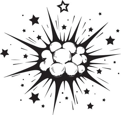 A black and white drawing of a starburst with a cloud of balls