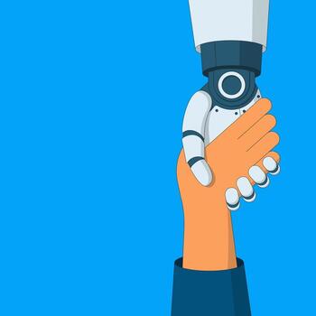 Robot hand pulling out or helping human hand. Concept of artificial intelligence helping people in difficult situations. vector