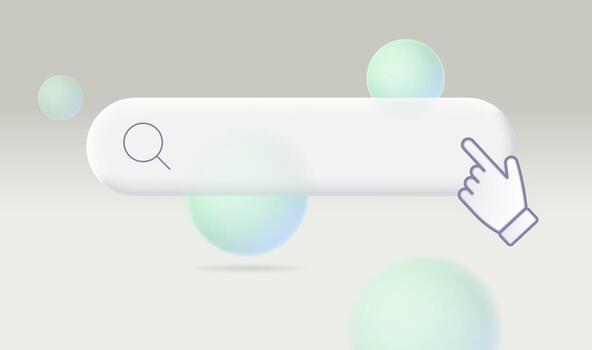 Search bar with hand cursor on abstract modern background with floating spheres. vector