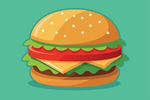 Delicious Juicy Burger with Sesame Seed Bun, Tomato, Lettuce, and Cheese on Teal Background - Professional digital artwork with vibrant colors and detailed composition vector