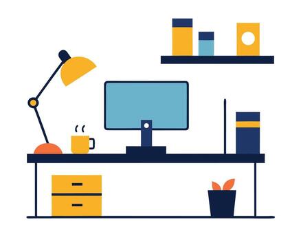 Serene Home Office Workspace with Computer, Desk Lamp, and Organized Shelf, Promoting Productivity and Calm vector