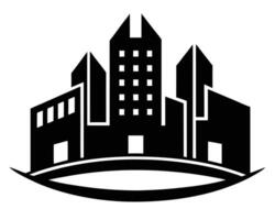 Majestic Cityscape Silhouette A Dramatic Black and White Illustration of Modern Buildings on a Gentle Hill vector