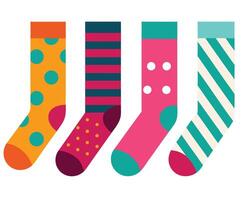 Four Colorful and Cheerful Knit Socks with Polka Dots, Stripes, and Geometric Patterns, Isolated on White Background vector