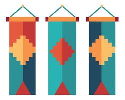 Three Vibrant Hanging Tapestry Banners with Geometric Patterns, Adding a Festive and Cheerful Mood to Any Setting vector