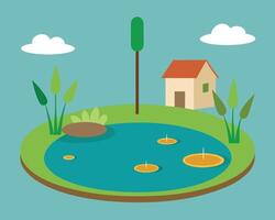 Serene Lakeside Cottage A Peaceful Illustration of a Tranquil Pond, Charming House, and Lush Greenery under a Sunny Sky vector