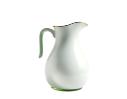 Elegant white ceramic pitcher with gold trim and a green handle png