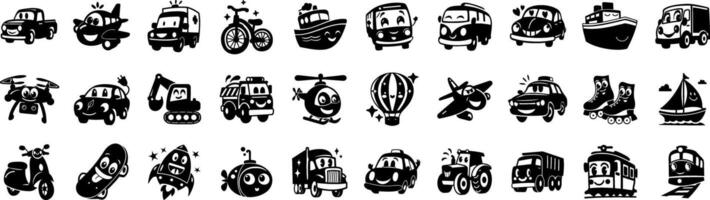 Collection of Cute Transportation Characters Featuring Land, Air, and Sea Vehicles vector