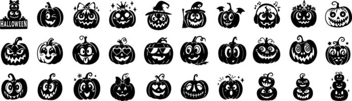 Variety of Cute and Spooky Halloween Pumpkin Characters with Unique Facial Expressions vector