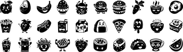 A variety of smiling kawaii food and beverage characters in playful black and white cartoon style vector