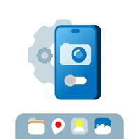 Illustration of smartphone settings with gear icon and camera symbol. app permission access. Includes icons for gallery, file, contact, location, and toggle button. Concept of app access management vector