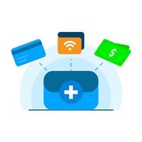 illustration of empty wallet with plus icon, showing multiple payment options including credit card, e-wallet, cash. representing add or select payment method, digital transactions, online shopping vector