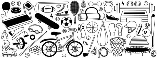 Sport equipment set. Hand drawn doodle set of sport equipment on white background. Gym and workout items vector