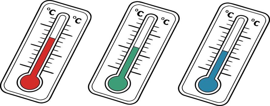 Tres termómetros demostración diferente temperatura lecturas en rojo verde y azul. vector