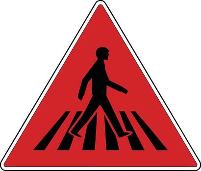 Red triangular warning sign with black silhouette of a person crossing a zebra crossing. vector