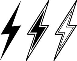 Three stylized lightning bolt icons in black and white on a white background. vector