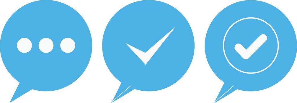 Tres azul habla burbujas demostración comunicación estado con puntos y marcas de verificación. vector