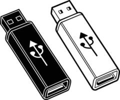 Two stylized usb flash drives one black and one white with usb symbols. vector