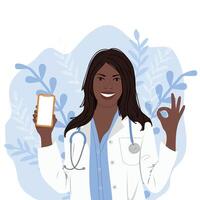 African american cardiologist shows mobile phone for consultation vector