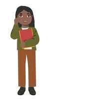 African american schoolgirl student in eyteglases hold book on white background. vector