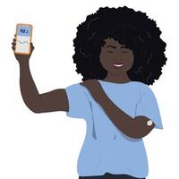 African american diabetic woman with continuous glucose monitor on her arm. vector